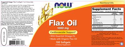 Photo of the NOW Flax Oil 1000 mg label