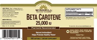 Photo of the Windmill Natural Vitamins Beta Carotene 25,000 IU label