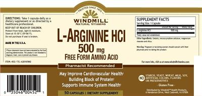 Photo of the Windmill L-Arginine 500 mg label