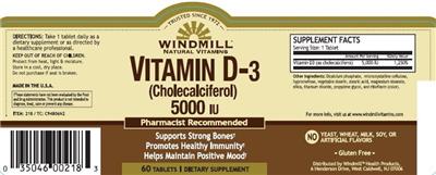 Photo of the Windmill Vitamin D-3 (Cholecalciferol) 5000 IU label