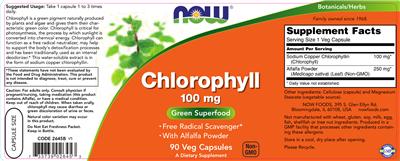 Photo of the NOW Chlorophyll 100 mg label