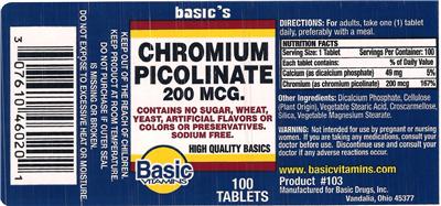 Photo of the Basic Vitamins Chromium Picolinate 200 mcg label
