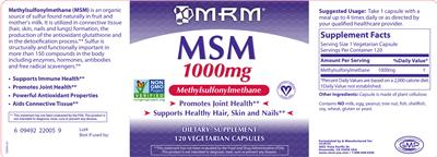 Photo of the MRM MSM 1000 mg label
