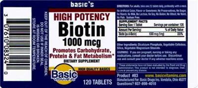Photo of the Basic Vitamins High Potency Biotin 1000 mcg label