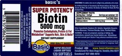 Photo of the Basic Vitamins Super Potency Biotin 5000 mcg label