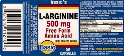 Photo of the Basic Vitamins L-Arginine 500 mg label