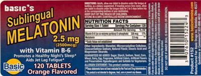 Photo of the Basic Vitamins Sublingual Melatonin 2.5 mg with Vitamin B-6 Orange Flavored label