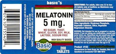Photo of the Basic Vitamins Melatonin 5 mg label