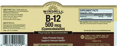 Photo of the Windmill Natural Vitamins B-12 500 mcg label