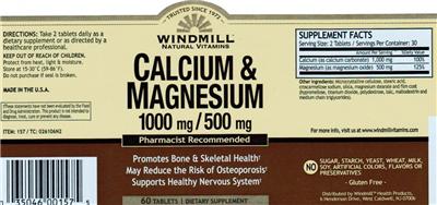Photo of the Windmill Natural Vitamins Calcium & Magnesium 1000 mg / 500 mg label