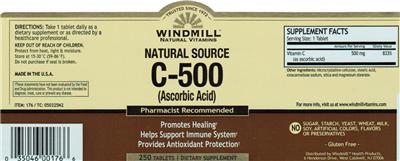 Photo of the Windmill Natural Vitamins Natural Source C-500 label