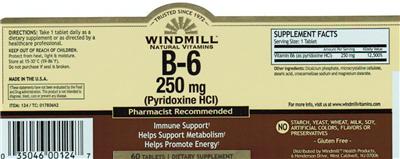 Photo of the Windmill Natural Vitamins B-6 250 mg label