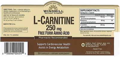 Photo of the Windmill L-Carnitine 250 mg label