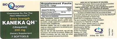 Photo of the Tishcon Corp. Extra Strength Kaneka QH 200 mg label
