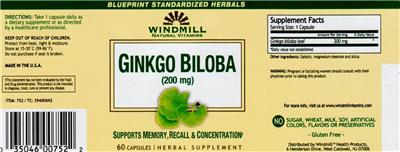 Photo of the Windmill Natural Vitamins Ginkgo Biloba (200 mg) label