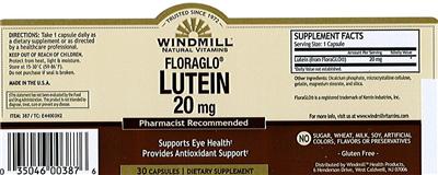Photo of the Windmill Natural Vitamins FloraGLO Lutein 20 mg label