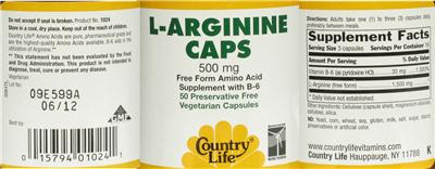 Photo of the Country Life L-Arginine Caps 500 mg label
