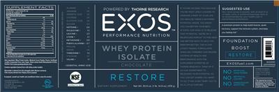 Photo of the EXOS Performance Nutrition Whey Protein Isolate Chocolate label