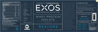 Photo of the EXOS Performance Nutrition Whey Protein Isolate Vanilla label