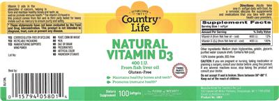 Photo of the Country Life Natural Vitamin D3 400 IU label