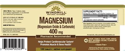 Photo of the Windmill Natural Vitamins Magnesium (Magnesium Oxide & Carbonate) 400 mg label