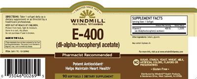 Photo of the Windmill Natural Vitamins E-400 label