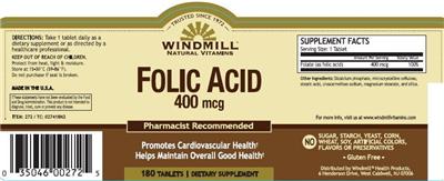 Photo of the Windmill Natural Vitamins Folic Acid 400 mcg label