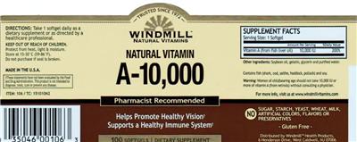 Photo of the Windmill Natural Vitamins Natural Vitamin A-10,000 label