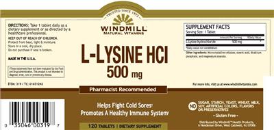Photo of the Windmill Natural Vitamins L-Lysine HCl 500 mg label