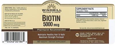 Photo of the Windmill Natural Vitamins Biotin 5000 mcg label