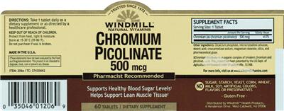 Photo of the Windmill Natural Vitamins Chromium Picolinate 500 mcg label