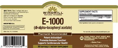 Photo of the Windmill Natural Vitamins E-1000 (DL-Alpha-Tocopheryl Acetate) label