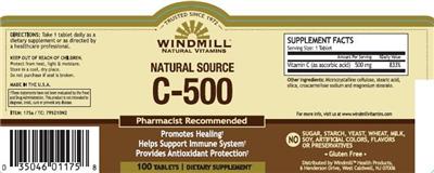 Photo of the Windmill Natural Vitamins Natural Source C-500 label