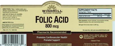 Photo of the Windmill Natural Vitamins Folic Acid 800 mcg label