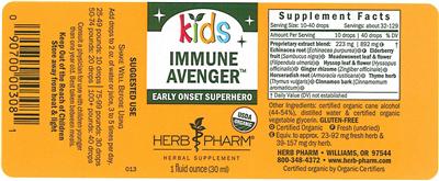 Photo of the Herb Pharm Kids Immune Avenger Alcohol Free label