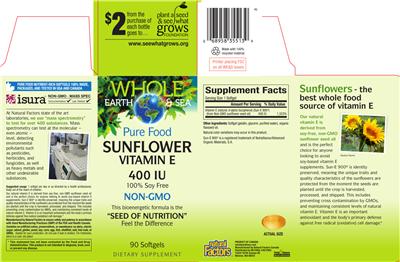 Photo of the Natural Factors Whole Earth & Sea Pure Food Sunflower Vitamin E 400 IU label