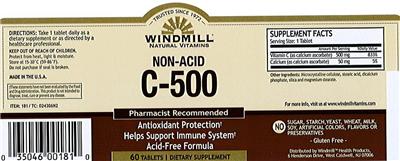 Photo of the Windmill Natural Vitamins Non-Acid C-500 label