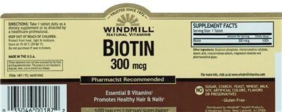 Photo of the Windmill Biotin 300 mcg label