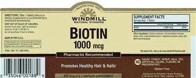 Photo of the Windmill Natural Vitamins Biotin 1000 mcg label