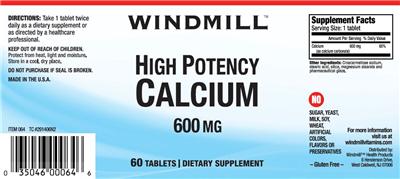 Photo of the Windmill High Potency Calcium 600 mg label