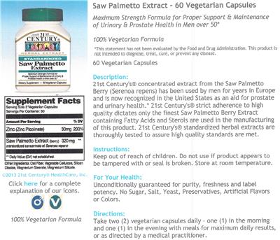 Photo of the 21st Century Standardized Saw Palmetto Extract label
