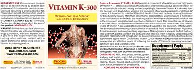 Photo of the ProCaps Laboratories Vitamin K-500 label