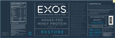 Photo of the EXOS Performance Nutrition Grass-Fed Whey Protein Vanilla label