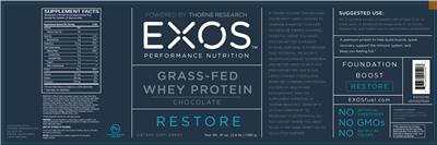 Photo of the EXOS Performance Nutrition Grass-Fed Whey Protein Chocolate label