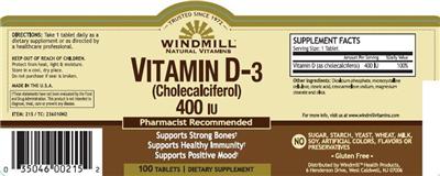Photo of the Windmill Natural Vitamins Vitamin D-3 (Cholecalciferol) 400 IU label