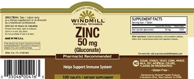 Photo of the Windmill Natural Vitamins Zinc 50 mg (Gluconate) label
