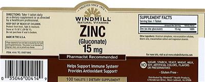 Photo of the Windmill Zinc (Gluconate) 15 mg label