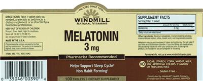 Photo of the Windmill Natural Vitamins Melatonin 3 mg label