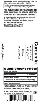 Photo of the Indiana Botanic Gardens Curcumin 300 mg label