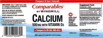 Photo of the Comparables By Windmill Calcium 500 mg With Vitamin D3 label